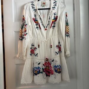 Farm Rio Macaw cross stitch Embroidered White Boho Dress XS